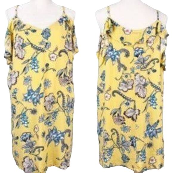 Love, Fire Dress XL Ruffle Strap Yellow Blue Floral Cold Shoulder V Neck Lined - Picture 2 of 11